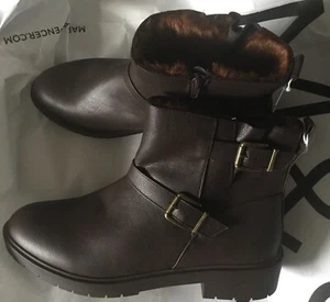 BNWT M&S Womens Fur Lined Double Buckle Vegan Biker Boots Brown Size 9 RRP £39. - Picture 1 of 8