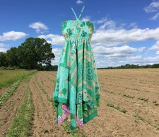 Women's Boho Beach Dress, Handmade Boho Dresses, Green Floral Print Uneven S/M