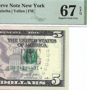 2021 $5 NEW YORK * STAR * ⭐️ FRN. PMG SUPERB GEM Uncirculated 67 EPQ Banknote. - Picture 1 of 3