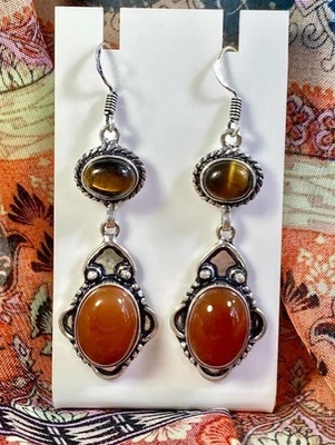 Pendientes colgantes hechos a mano con piedras preciosas ojo de tigre cornalina estampados 925 - 2,4" Foto 1 de 4