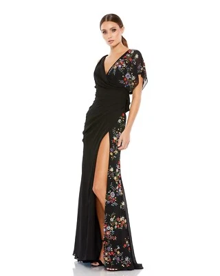 Vestido Ieena Mac Duggal Negro Ángel Cuentas Manga Única Gasa Talla 2 $698 Foto 1 de 3