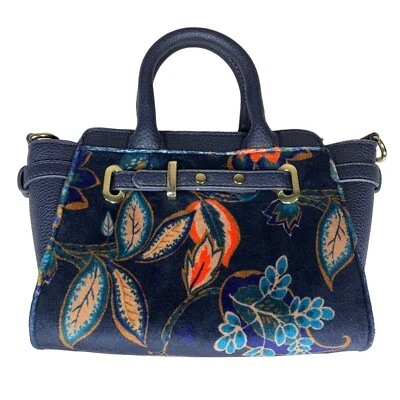 Faux Leather Velvet Floral Blue Tote Bag Purse Pockets Lined Gold Small Pebble - Image 1 of 4