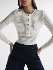 REISS Pippa Sheer Striped Long Sleeve Top Blouse Shirt in Ivory - Picture 1 of 7
