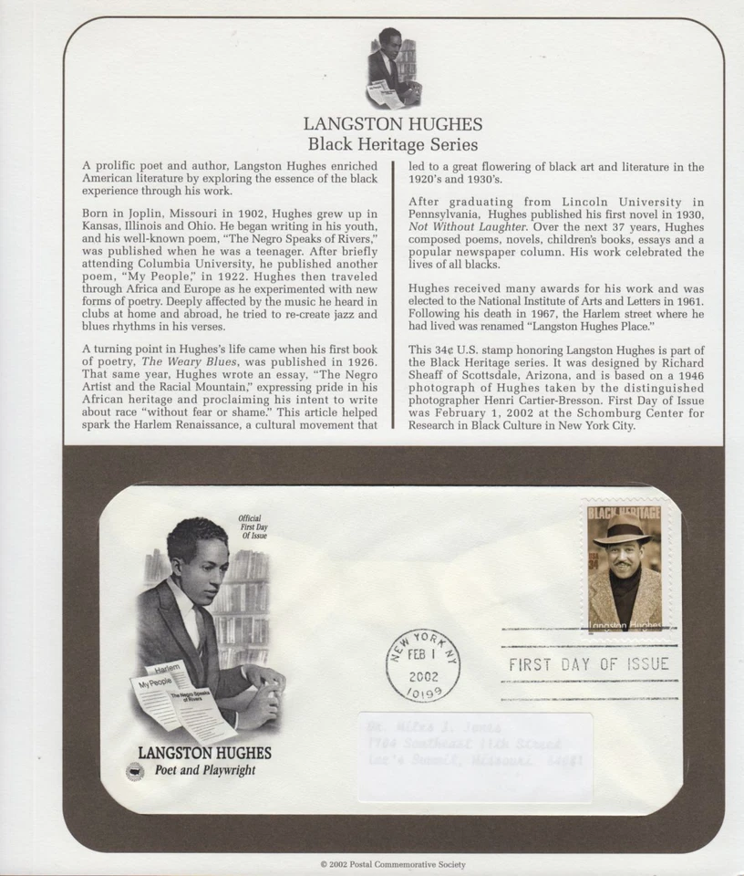 2002 Langston Hughes poet Sc 3557 FDC with PCS cachet on full info page - Image 1 of 1