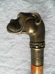 Wooden Walking Stick Solid Bronze Bulldog Head Handle 36" - Picture 1 of 7