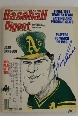 Jose Canseco Oakland A's Baseball Digest Jan.1989 Autographed Signed Magazine - Image 1 of 4