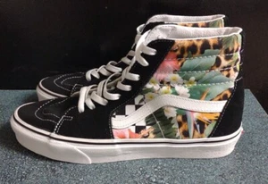 Vans Sk8 Hi Top Womens Size 9 1/2 Shoes Black Suede Pink White Floral Flowers - Picture 1 of 6