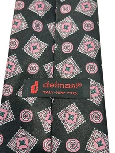 Male Tie Sz 56in by delmani Pink Gray Medallion on Black - Picture 1 of 11