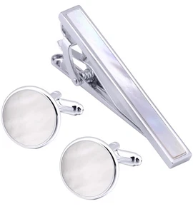 Mother of Pearl Shell Men Cufflinks and Tie Clip Set Silver Polished Round Me... - Picture 1 of 6