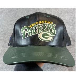 VINTAGE 90s NFL Green Bay Packers Mütze Cap Herren schwarz Leder Football Sport - Bild 1 von 2