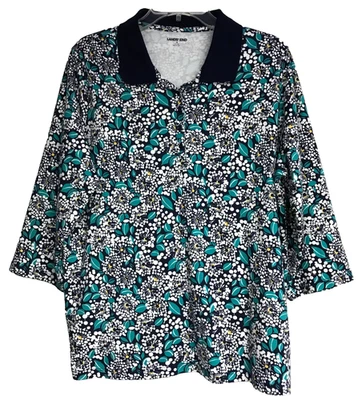Camisa Lands' End para mujer 1X 16W 18W floral manga 3/4 cuello polo azul nueva sin etiquetas Foto 1 de 4