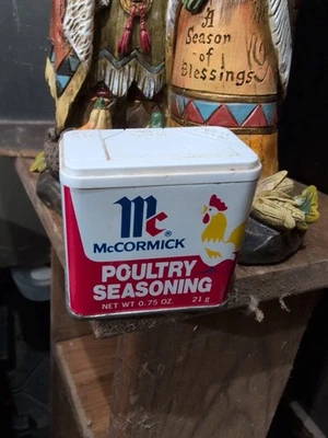 Vintage Spice Tin Rooster Poultry Seasoning Chicken McCormick 1977 Recipe - Image 1 of 4