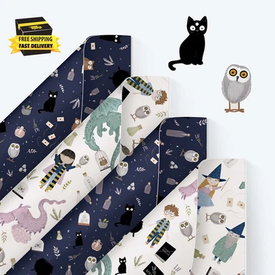 Magical World Gift Wrapping Paper Wizards and Witch Fantasy Theme Giftwrap for M - Image 1 of 4