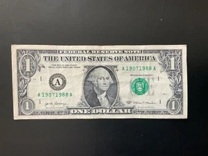 2017 $1 DOLLAR BILL A19071988A (AA)Serial number with 2 years 1907 and 1988 - Picture 1 of 4