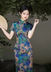 New Chinese Elegant Blue and Green Watercolour Long Cheongsam Qipao Dress - Picture 1 of 4