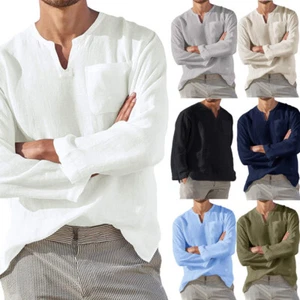 INCERUN Men's Kurta V Neck Cotton Shirt Tunic Muslim Kaftan Long Sleeve Tops - Picture 1 of 18