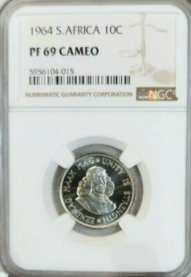 1964 SOUTH AFRICA SILVER 10 CENTS NGC PF 69 CAMEO EXTREMELY RARE TOP POP 1 - Image 1 of 4