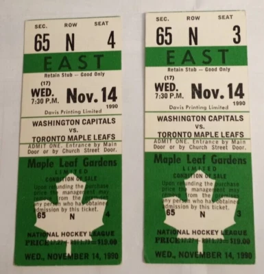 1990 Nov 14-2 UNUSED Toronto Maple Leafs ticket stub East Sec 65 Row N seat 3-4 - Image 1 of 2