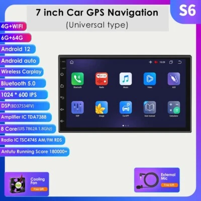 7 inch Android 12 Double 2DIN Car Radio Stereo CarPlay GPS Navi 6+64GB ROM BT5.0 - Image 1 of 4