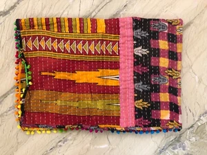Vintage Indian Kantha Baby Quilt Unisex Ethnic Pom Pom Bed Throw Children Cotton - Picture 1 of 3