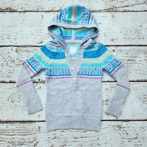 JUSTICE 10 Girls Gray Hooded Fair Isle Sweater Button Kangaroo Pocket 10 - Picture 1 of 3
