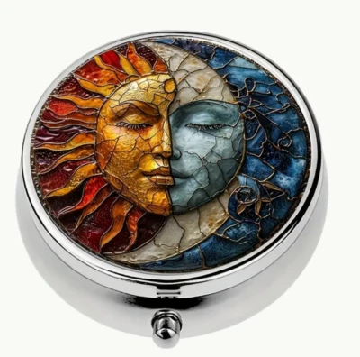 Sun And Moon Art Character Round Pill Box, 3 Compartment Mini Decorative Pocket - Image 1 of 4