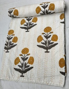 Indian Handmade Black Kantha Quilt Hand Block Print King Size Bedspread Blanket - Picture 1 of 11