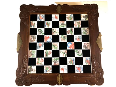 Juego de ajedrez plegable vintage de piedra de jabón asiática tallada a mano de la dinastía china - madera Foto 1 de 4