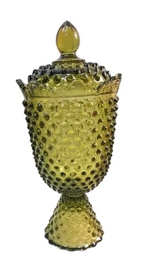 Vintage Fenton Glass Hobnail Candy Dish In Colonial Green / Covered Vanity Jar - Image 1 of 4