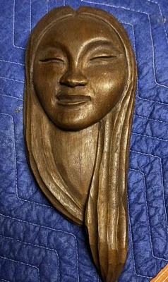 Figura de madera tallada a mano José Pinal México niña medio busto mediados de siglo pared Foto 1 de 4