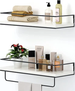 White Floating Shelves - Set of 2, Wall Mounted Hanging Shelves with Black Towel - Picture 1 of 12