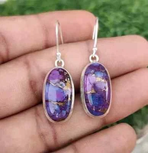 Purple Copper Turquoise Earring Oval Shape Handmade 925 Sterling Silver Earring - Picture 1 of 2