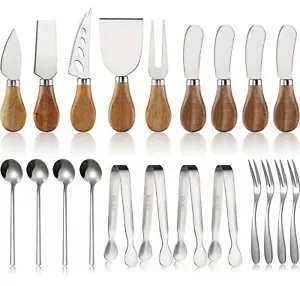 21PCS Charcuterie Cheese Knife Set Wooden Handle Spreaders & Mini Tongs - Picture 1 of 9
