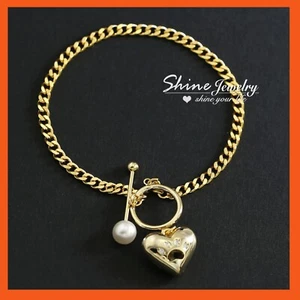 9K GOLD GF LADY GIRLS PAW PRINT HEART TOGGLE PEARL BONE BAR CURB CHAIN BRACELET - Picture 1 of 9