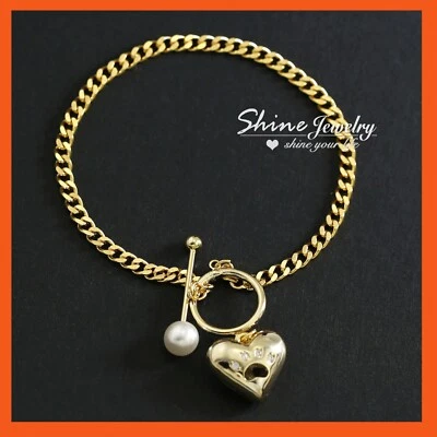 9K GOLD GF LADY GIRLS PAW PRINT HEART TOGGLE PEARL BONE BAR CURB CHAIN BRACELET Foto 1 de 4