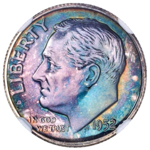 1952 Roosevelt Silver Dime NGC PF66 Rainbow End Roll Album Toned Toner Coin - Picture 1 of 7