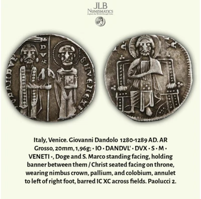 Italia, Venecia. Giovanni Dandolo 1280-1289 dC. Grosso plateado, tonificado. Foto 1 de 3