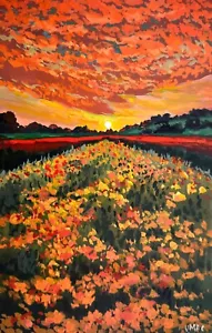 Original Landscape Painting Signed Sunset Flowers Impressionist Wall Art Decor - Picture 1 of 3