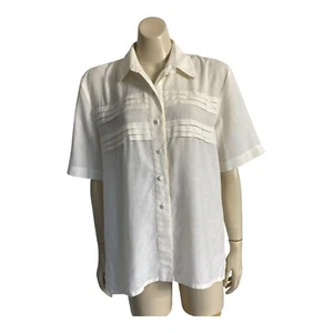 Vtg JORDANA Sz 16 Blouse Linen Look Button Up Shirt Short Sleeve Pleats Cream - Bild 1 von 9