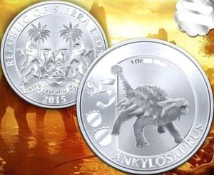 Sierra Leona 5 dólares 2015 UNC Ankylosaurus dinosaurio prehistórico chapado en plata - Imagen 1 de 1