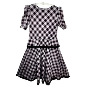 Tabby Knit Gingham Peplum Puffy Short Sleeve Vintage Maxi Fit n Flare Dress - Picture 1 of 12