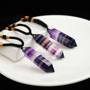 Natural Crystal Point Pendant Talisman Rainbow Fluorite Healing Necklace Amulet - Picture 1 of 3