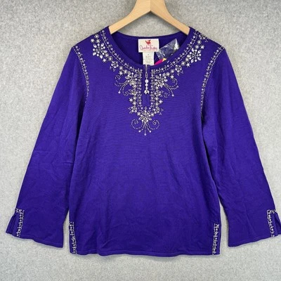 Quacker Factory Sweater Womens Small Purple 1/4 Zip Rhinestones Beaded Pullover - Image 1 of 4