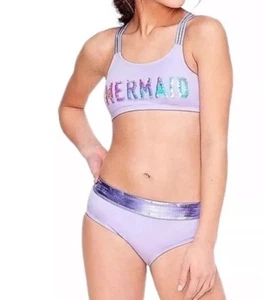 Justice Girls Swimsuit Purple 2 Piece Set Mermaid Reversible Sequins Size 7 - Picture 1 of 2