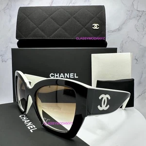 New CHANEL Sunglasses Black White Beige Lens CC Logo Authentic Italy Womens - Picture 1 of 19