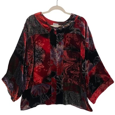 Camisa Chico's Talla 3 Burnout Terciopelo Retazos Floral Boho Arte Top Blusa Foto 1 de 4