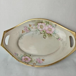 PLATO O BANDEJA DE TOCADOR VINTAGE BORDE DORADO, FLOR DE FLOR ROSA PINTADA A MANO, FIRMADA - Imagen 1 de 9