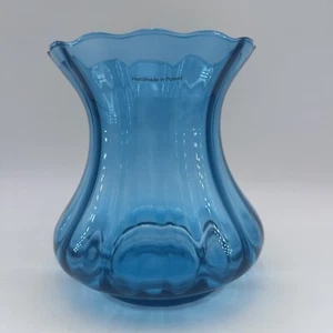 Poland Blue Glass Ribbed 8”H Vase, Handmade, With Original Sticker Attached - Picture 1 of 13