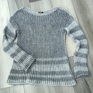 LOLA ITALY Sz M Mohair Wool Blend Chunky Open Knit Tunic Sweater Gray Striped - Picture 1 of 8