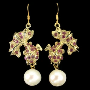 Summer 925 Silver Earrings Round Ruby Pearl Natural Gemstone Jewelry - Picture 1 of 9